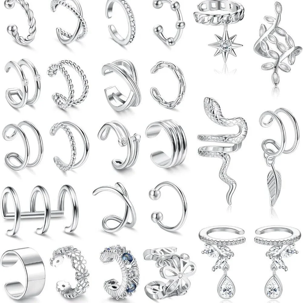 25 Pcs Silver Plated Ear Cuffs for Women Non Piercing Adjustable Jewelry Set